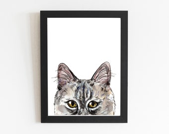 May include: A watercolor illustration of a gray tabby cat peeking from behind a black frame. The cat's eyes are wide open and looking directly at the viewer.