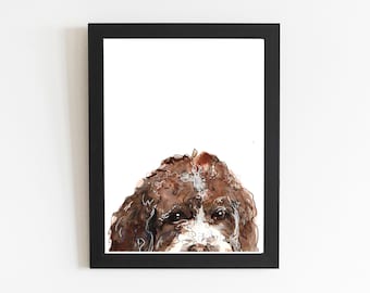 Labradoodle Peek-a-Boo – akwarelowy wydruk artystyczny z psem: niestandardowy portret zwierzaka