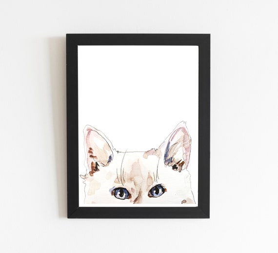 Cute White Cat Painting Art Print Peeking Kitty Cat Wall Etsy