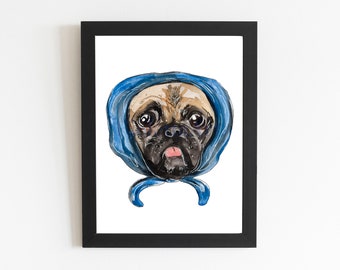 Pug Babushka Art Print Watercolor Wall Decor Illustration, Cute Pet Dog Lover Gift, Pug Painting Poster, DOG Artwork Room Decor