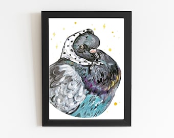 Impresión artística de paloma Babushka, Dibujo de ilustración de pájaro de acuarela, Decoración de arte de pared de pájaro bonito