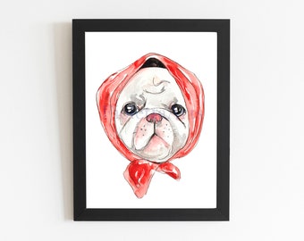 White Pug Art Print, Watercolor Illustration Pet Portrait Babushka Drawing, Cute Dog Wall Art, Small Dog Drawing for Dog Mom and Dog Dad