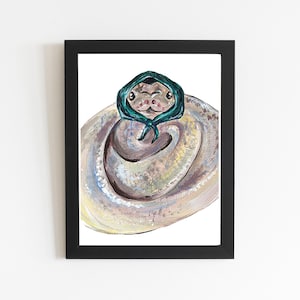 May include: A painting of a snake wearing a green bandana. The snake is curled up in a ball and has a light brown and gray color.