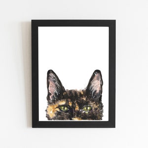 Dark Tortie Cat Art Print, Watercolor Animal Illustration Wall Art, Cat Small Gift Decor, Cat with Green Eyes, Cat with Yellow Eyes