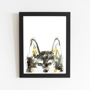 Husky Dog Print, Husky Peek a Boo Grey Dog, Watercolor Painting Print Dog Lover Gift, Puppy Home Decor Bedroom Wall Decor, Painting Wall Art