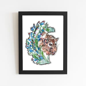 Rat Art Print with Blue Flowers, Painting Animal Art Rat Lover Gift, Art Print Bedroom Wall Decor, Art Home Decor Unframed, Watercolor Art