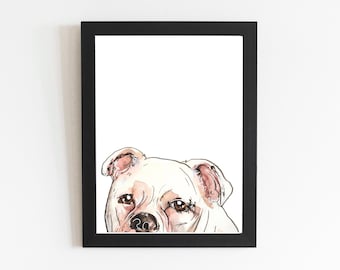 May include: A watercolor painting of a white bulldog's face peeking out from the bottom of a black frame. The dog's nose and eyes are visible, and the painting has a soft, whimsical style.
