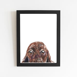 Field Spaniel Dog Pet Portrait Print, Peek a Boo Pet Artwork, Hand-painted Watercolor Puppy Drawing, Home Decor Animal Lover Wall Art
