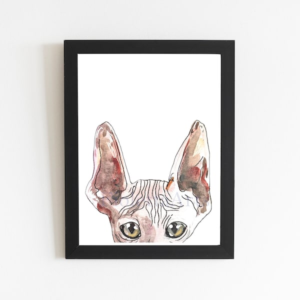 Sphynx Cat Watercolor Painting, Print Cat Lover Gift Kitchen Decor, Cat Print Wall Art, Cat Wall Decor Lover, Hairless Cat Painting