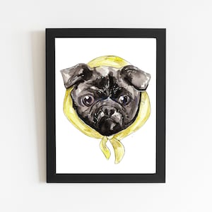 Black Pug Art Print, Watercolor Hand-drawn Dog Illustration