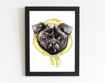 Black Pug Art Print, Watercolor Hand-drawn Dog Illustration