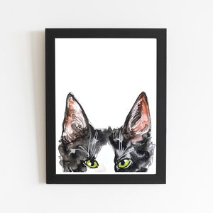 Schwarzweiße Tuxedo Katze, Aquarell Art Print, Haustier Illustration Zeichnung, Katze mit grünen Augen