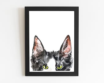 Black and White Tuxedo Cat Painted Watercolor Art Print, Pet Illustration Drawing, Cat with Green Eyes