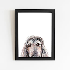 Domino Afghan Hound Dog print, aquarel illustratie tekening, Peek a Boo huisdier decor, dierlijke kunst aan de muur voor hondenliefhebbers