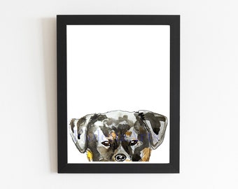 May include: A watercolor painting of a black and brown dog peeking over the top of a white frame. The dog's eyes are closed and its nose is pointed.