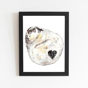 Kitty Heart Cute Cat Art Print, Sleeping Cat Watercolor Painting, Cute Cat Black Heart Pattern Coat, Cat Wall Art Illustration Drawing