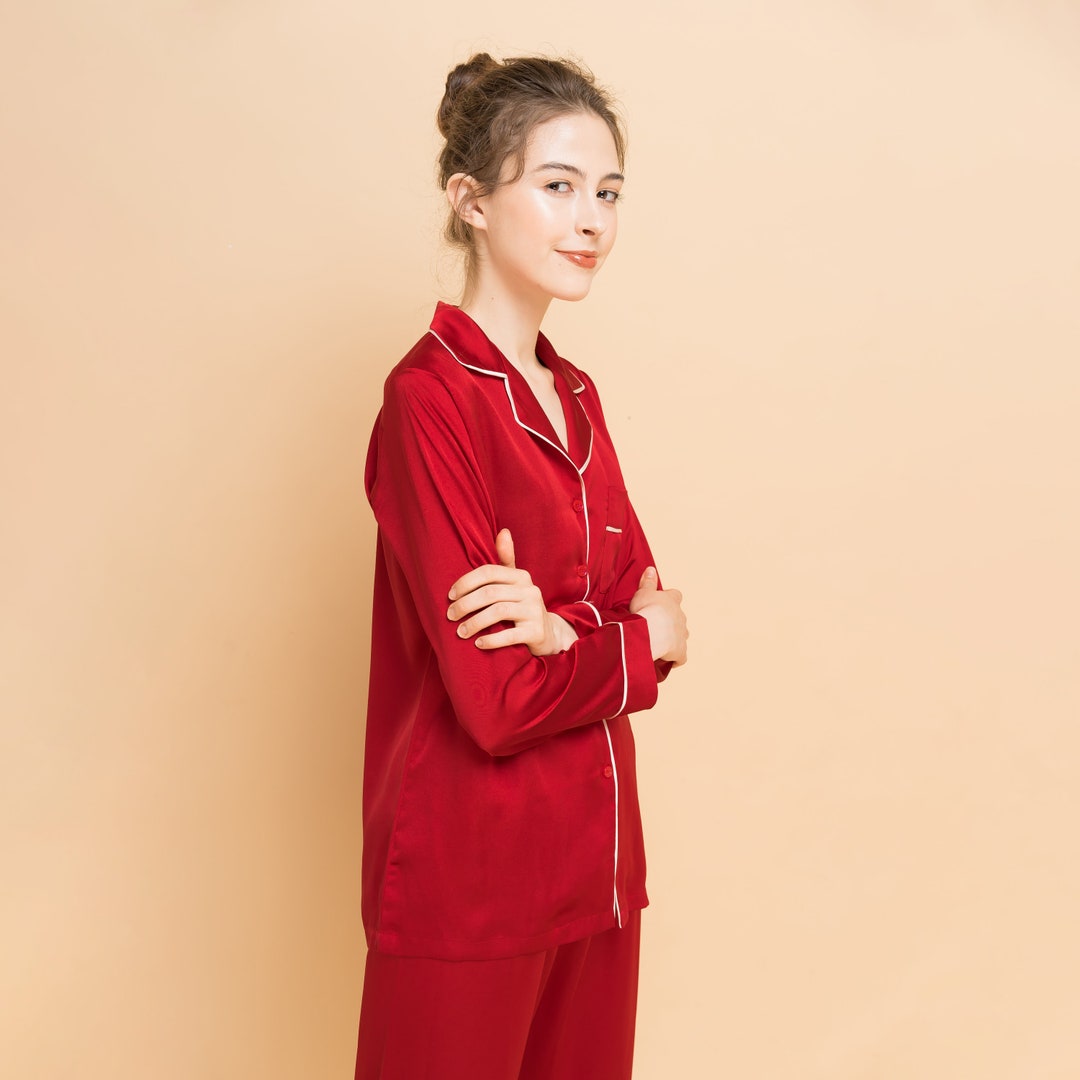 Red Pj Rexture Dahlia Red Silk Blend Long PJ Set - Etsy