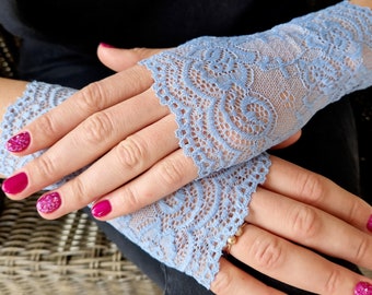 Fingerless  Gloves in Bluish Gray. Lace Gloves in Light Bluish. Stretch lace. Fingerless  gloves. READY TO SHIP.