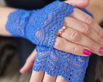 Lace Gloves in Blue. Stretch lace, fingerless lace gloves. READY TO SHIP.
