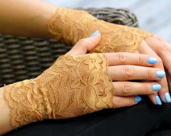 Caramel Brown Lace Gloves. Stretch lace Gloves.  Fingerless  gloves. Gift For Her. Ready To Ship.