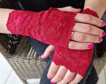 Lace Gloves in Vine Red . Bridal Gloves.  Stretch Lace Gloves. Fingerless Gloves. Gift For Her. Ready to ship.