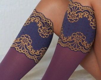 Lace Boot Cuff Socks in Blue Violet with a Golden Brown pattern along the edges. Boot Topper. Wellies Boot Cuff. Lace Leg Warmers.