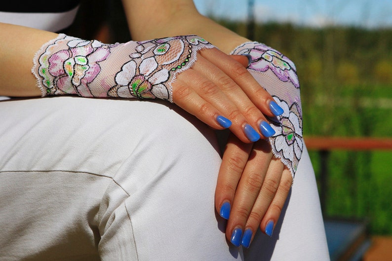 Wedding Gloves White with Light Pink a Flower Pattern Stretch Lace Fingerless Lace Glove. Bridal Gloves Lace Gloves Lace Gloves