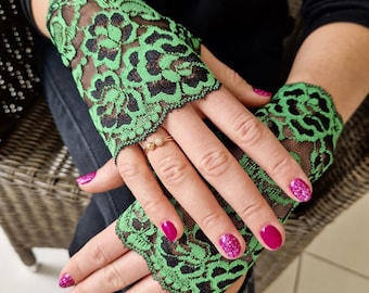 Fingerless Gloves.Lace Gloves in Black with Green pattern. Stretch Lace Gloves.  Gift for Her.