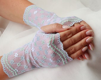 Freshmint Lace Gloves. Lace gloves.  Light Bluish With a Greenish Pattern. Fingerless Lace Gloves. READY TO SHIP.