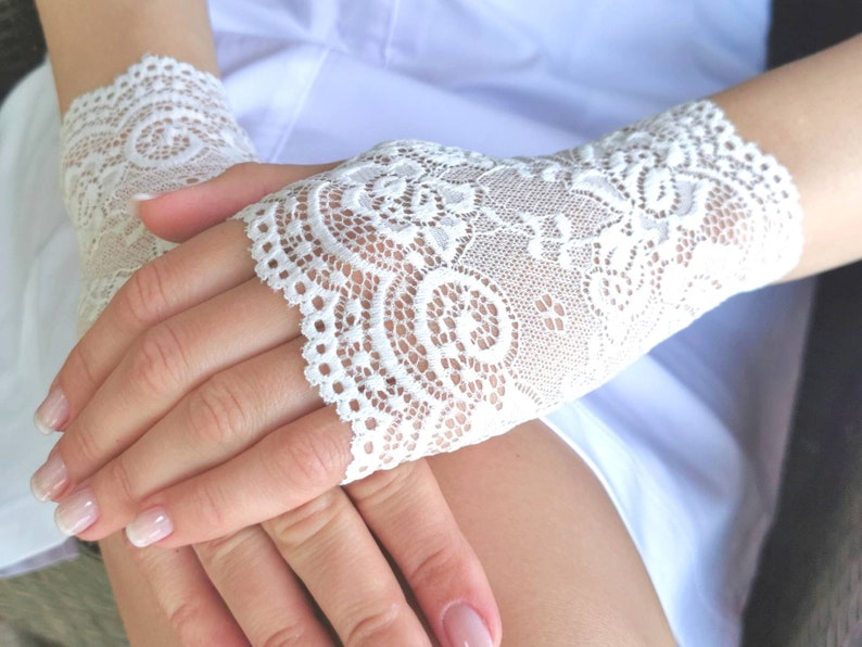 Bridal Gloves, Wedding Gloves. Lace Gloves. White Lace Gloves. Lace Gloves. Stretch Lace Fingerless Lace Glove. image 2