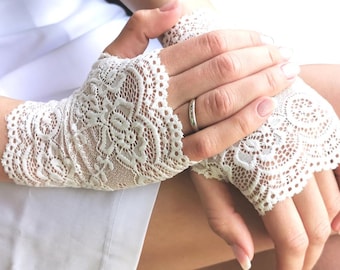 Guantes de novia de encaje blanco, guantes de boda elásticos sin dedos