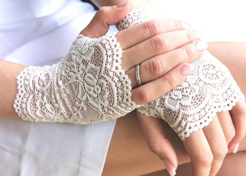 Bridal Gloves, Wedding Gloves. Lace Gloves. White Lace Gloves. Lace Gloves. Stretch Lace Fingerless Lace Glove. image 1