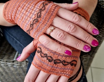 Lace Gloves in Orange with Brown . Bridal Gloves.  Stretch Lace Gloves. Fingerless Gloves. Gift For Her. Ready to ship.