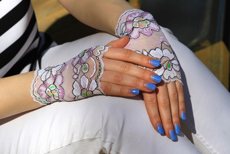 Wedding Gloves White with Light Pink a Flower Pattern Stretch Lace Fingerless Lace Glove. Bridal Gloves Lace Gloves Lace Gloves