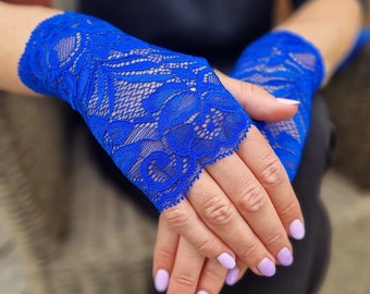 Costume Gloves. King Blue Gloves. Blue Gloves. Lace Gloves in Blue. Stretch lace Gloves. Fingerless  Gloves. Gift For her.