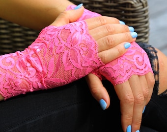 Bridal Gloves. Lace Gloves in Pink. Stretch Lace Gloves. Fingerless Gloves. Costume Gloves. Gift For Her.