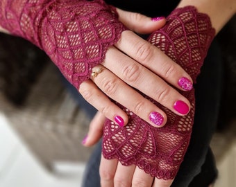 Fingerless Glove. Bridal Gloves, Wedding Gloves. Burgundy Lace Gloves. Lace Gloves. Stretch Lace. Size: XS, S, M, L, XL