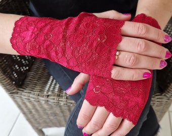 Fingerless Glove. Bridal Gloves, Wedding Gloves. Burgundy Lace Gloves. Lace Gloves. Stretch Lace. Size: XS, S, M, L, XL