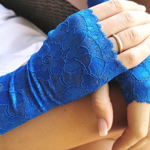 Costume Gloves. King Blue Gloves. Blue Gloves. Lace Gloves in Blue. Stretch lace Gloves. Fingerless Gloves. Gift For her. image 3