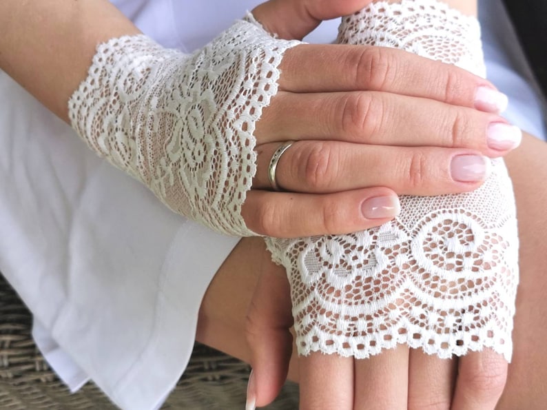 Bridal Gloves, Wedding Gloves. Lace Gloves. White Lace Gloves. Lace Gloves. Stretch Lace Fingerless Lace Glove. image 5