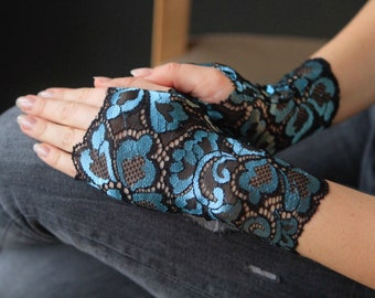 Black With Turquoise Floral Pattern Lace Gloves. Black lace Gloves. Fingerless gloves. Costum gloves. Gift For Her.