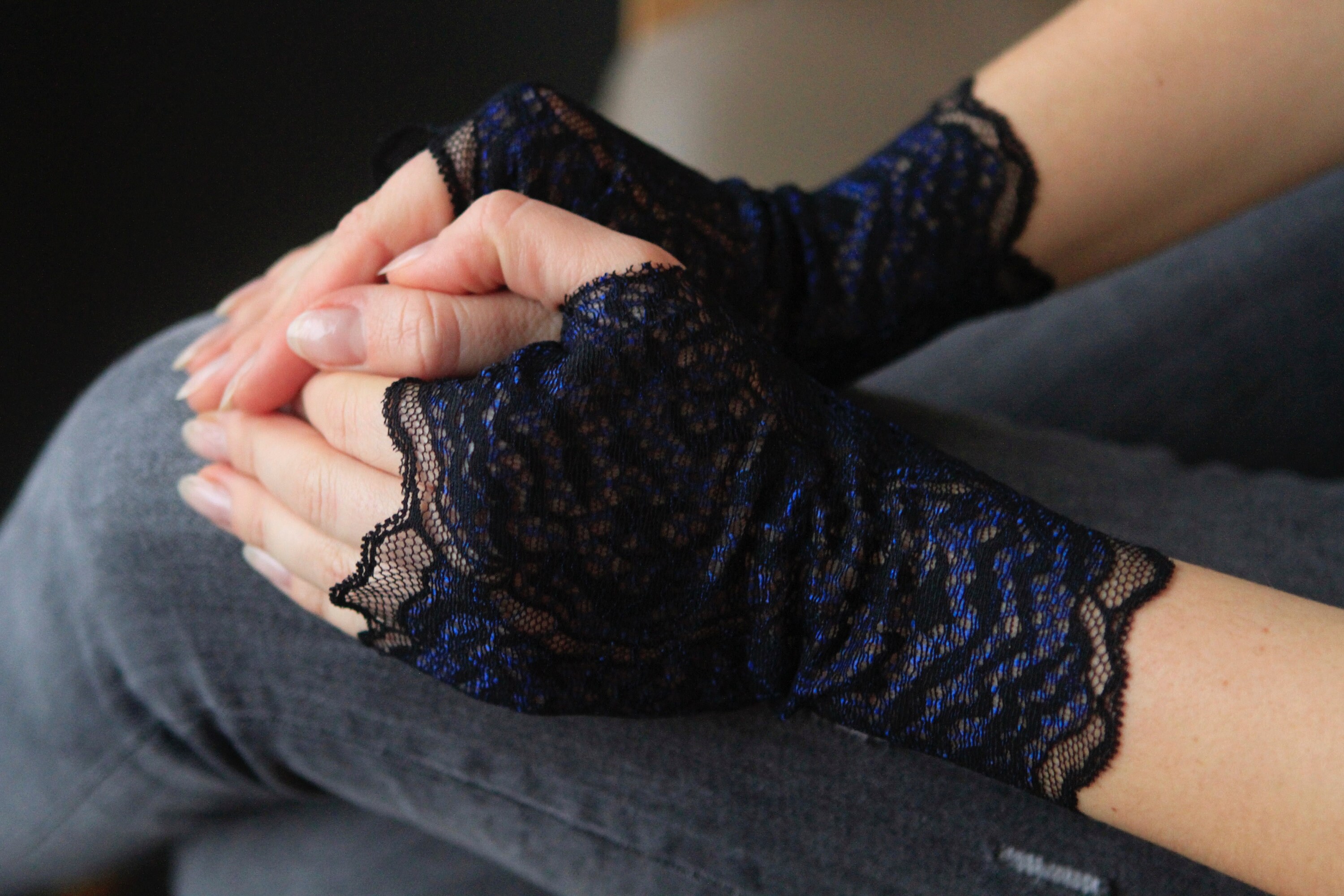 Fingerless Lace Glove. Costume Gloves. Black With Blue Lace Gloves