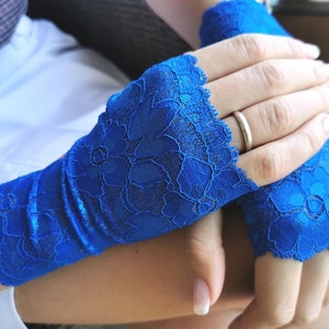 Costume Gloves. King Blue Gloves. Blue Gloves. Lace Gloves in Blue. Stretch lace Gloves. Fingerless Gloves. Gift For her. image 2