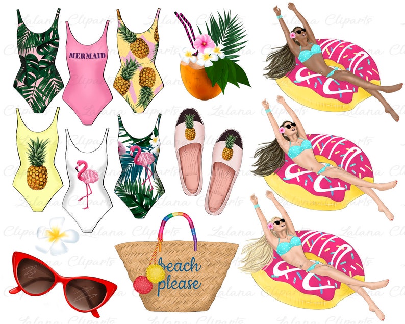 Download Summer Beach Clipart Tropical Clip Art Fashion Girl Clipart Summer Graphics Vacation Clipart Hawaii Flower Digital Clipart Set Pineapple