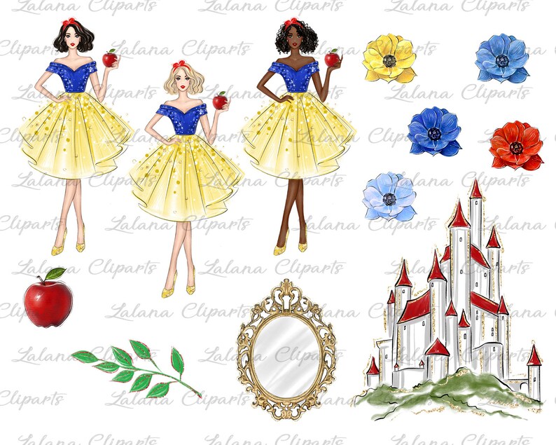 Fashion Snow White princess illustration Castle clipart Planner graphics Fairytale Princess Watercolor Clipart set