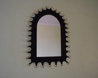 Moroccan Punched Tin Arch Mirror, Handmade Brass Studded Boho Wall Decor