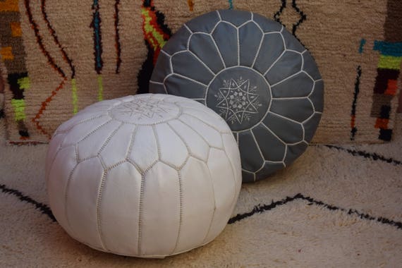 2 Moroccan pouf White and Light mustard leather pouf moroccan decor round ottoman pouf furniture floor pouf home decor moroccan pouf