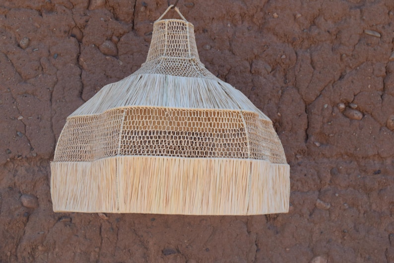May include: A woven pendant light fixture with a natural, beige color. The lamp has a conical shape with a fringed bottom edge and is suspended from a woven cord. The background is a textured, reddish-brown wall.