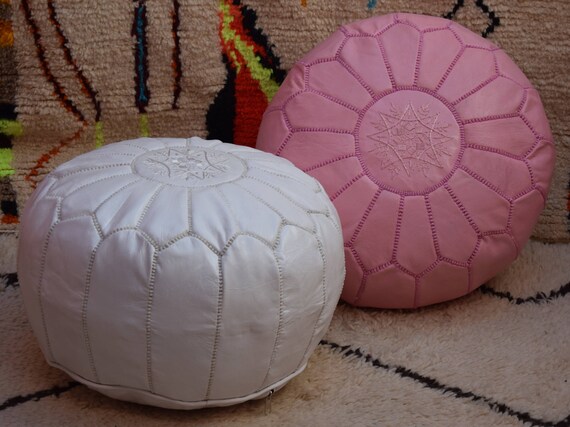 2 Moroccan pouf White and Light mustard leather pouf moroccan decor round ottoman pouf furniture floor pouf home decor moroccan pouf