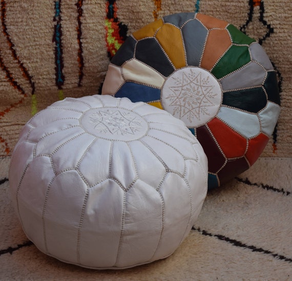 2 Moroccan pouf White and Light mustard leather pouf moroccan decor round ottoman pouf furniture floor pouf home decor moroccan pouf